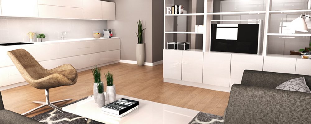 A CGI render of a luxurious modern apartment living area