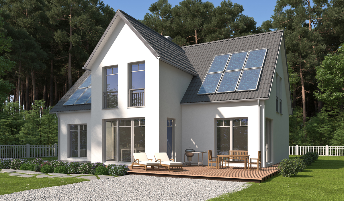 A CGI render of a modern house in the countryside