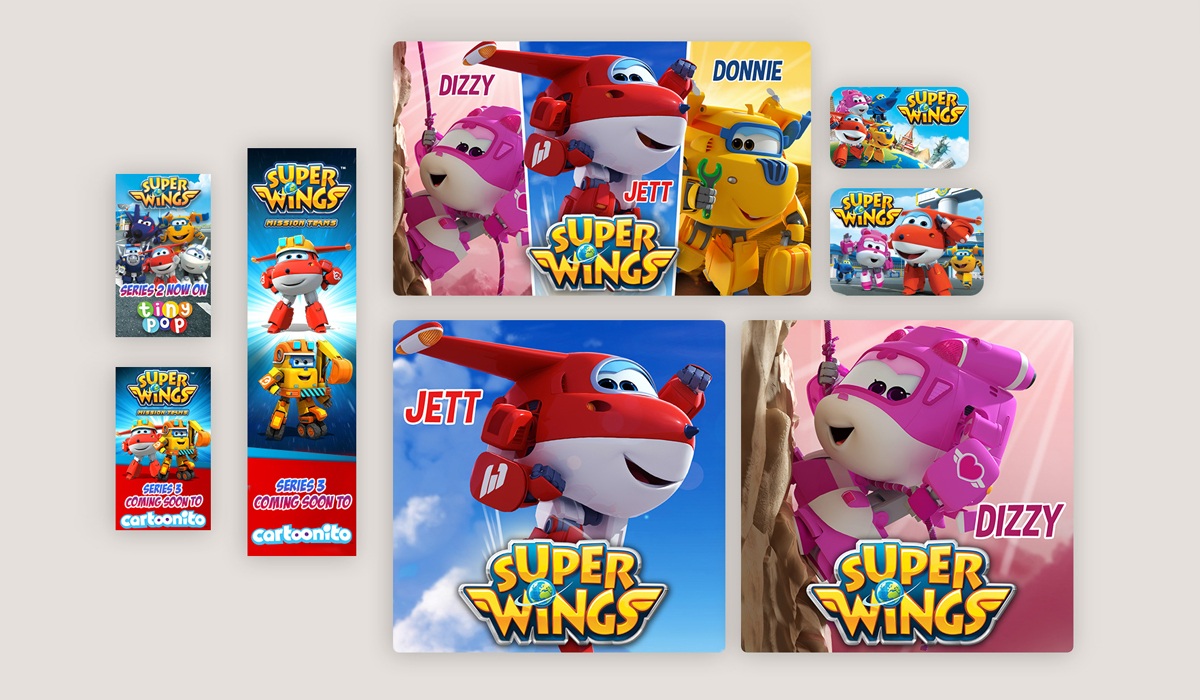 A selection of Super Wings adverts and posters for Alpha Animations