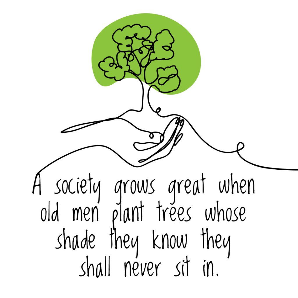 Illustration of hand holding tree with Greek proverb underneath